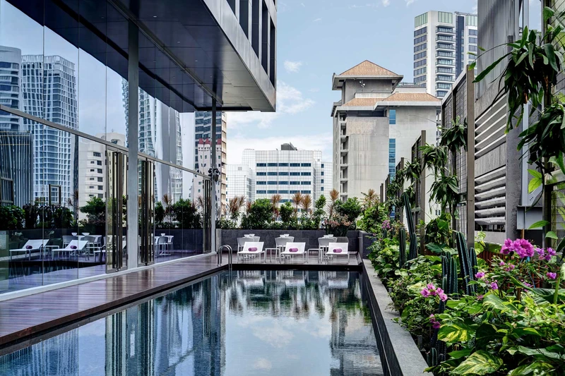 Reflective pool deck with purple cushion loungers and city skyline