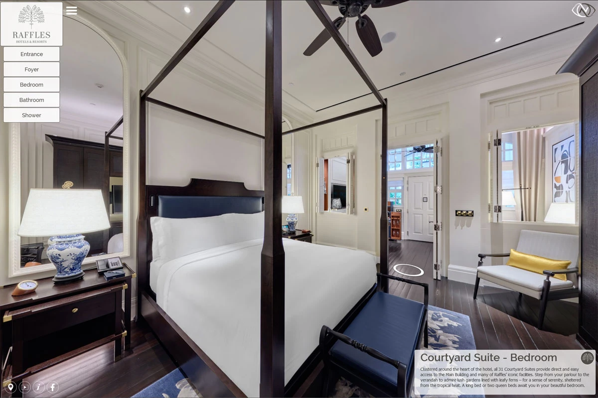 Virtual tour screenshot of a colonial hotel suite bedroom with dark four-poster bed, ceiling fan, white panelled walls, and navigation menu overlay at left.